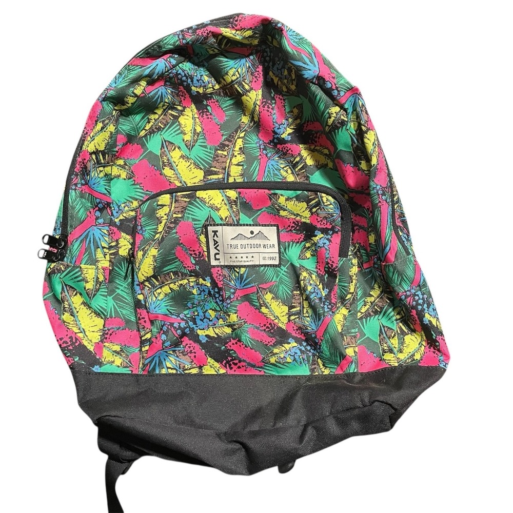 KAVU True Outdoor Tropical Leaf Print‎ Backpack Neon Pink Teal Yellow Daypack